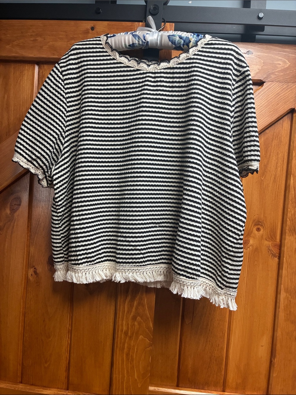 Striped Black and White Fringe Short Sleeve Top